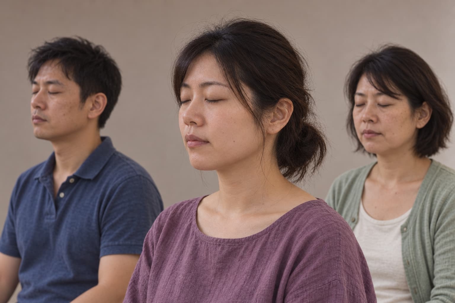 三位練習者在室內安靜靜坐